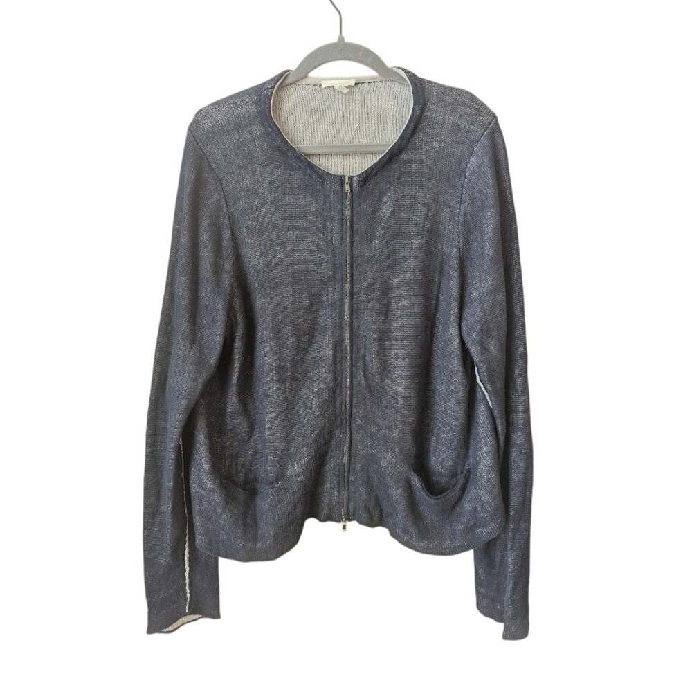 EILEEN FISHER Sweater XL Organic Linen Blend Double Layer Cardigan Full Zip Blue